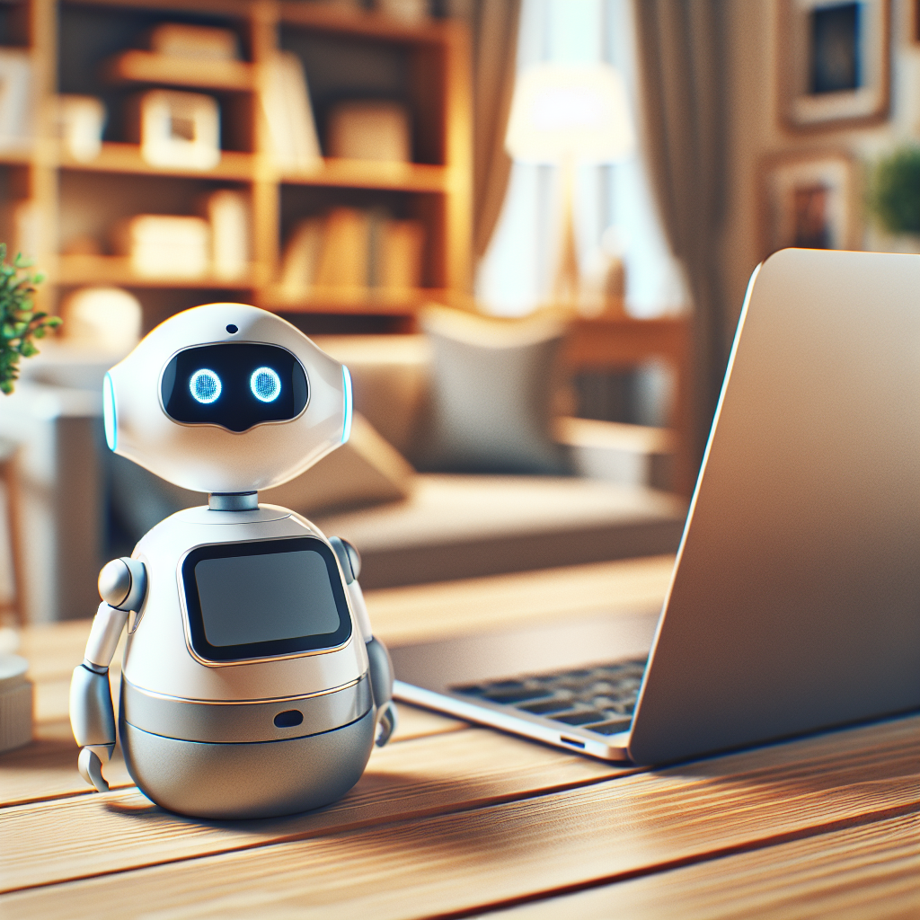 Small companion robot on desk with laptop