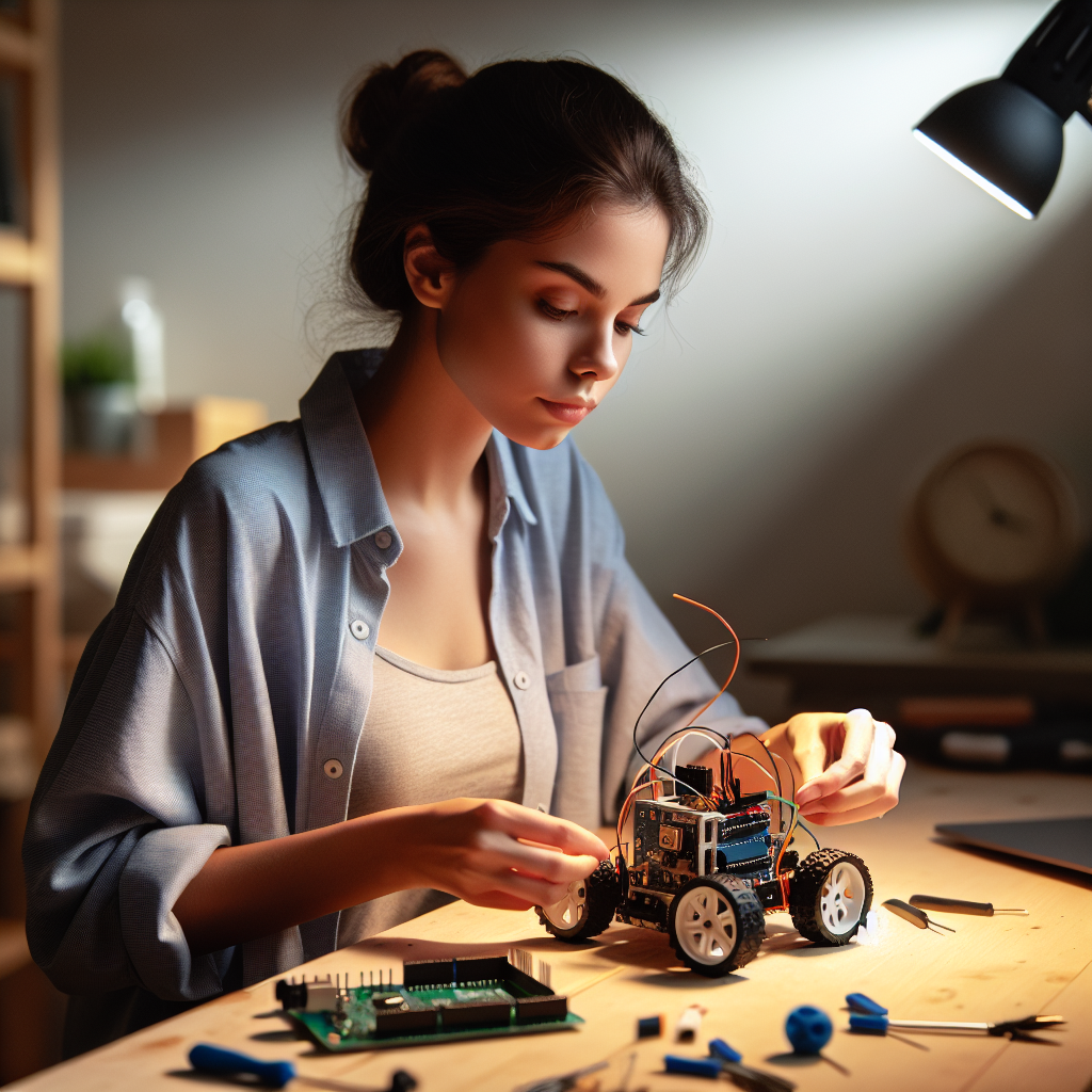 Person building first robot with Arduino board and wires on workbench