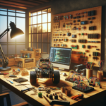 Realistic robotics hobbyist workspace with an Arduino robot car under construction on a wooden desk.