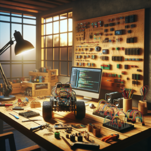 Realistic robotics hobbyist workspace with an arrow robot car under construction on a wooden desk.