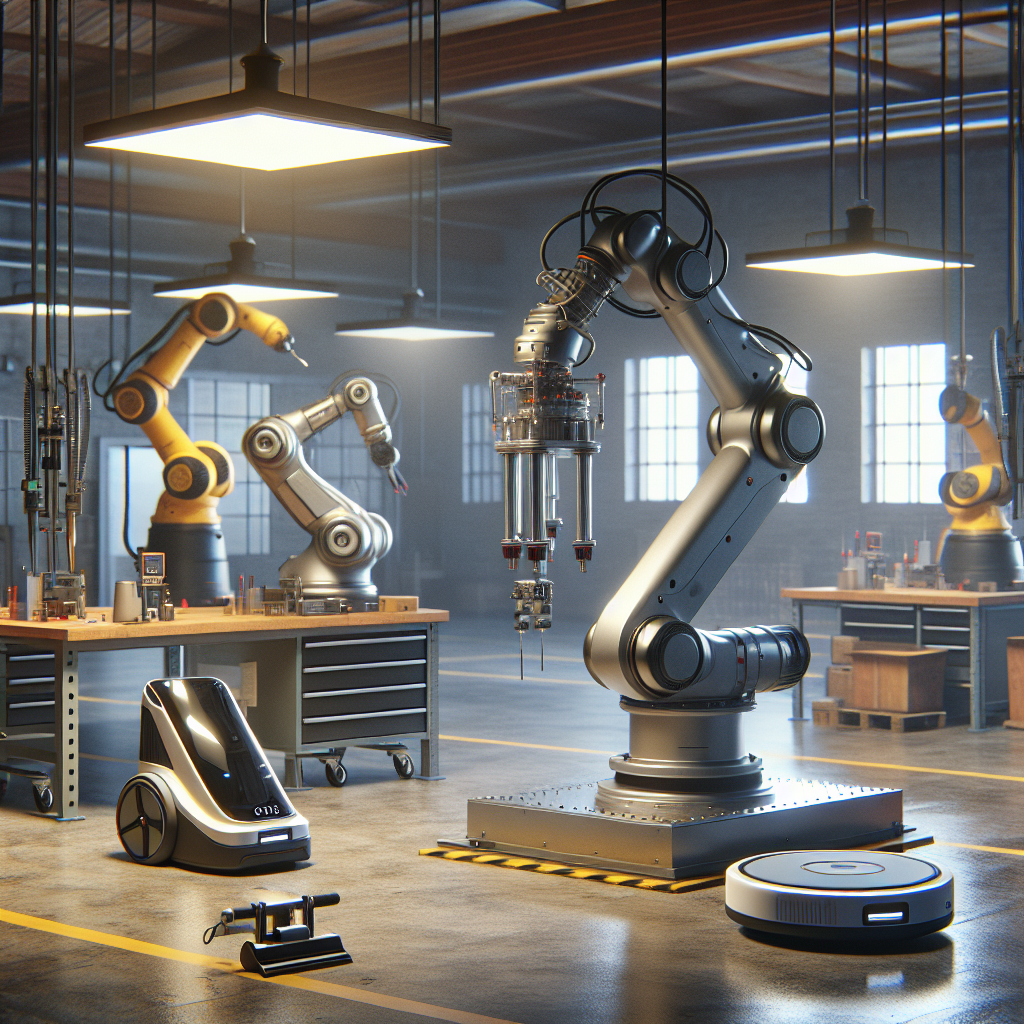 Industrial robot arm, robot vacuum, and collaborative robot on workbench