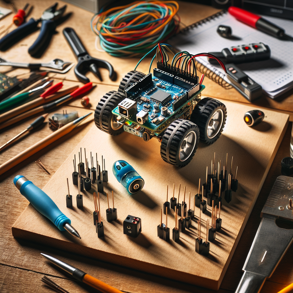 Arduino obstacle-avoiding robot on workbench with wires and sensor