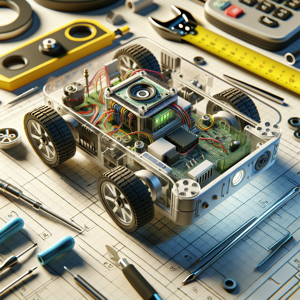 Wheeled robot with visible sensors, controller, and motors