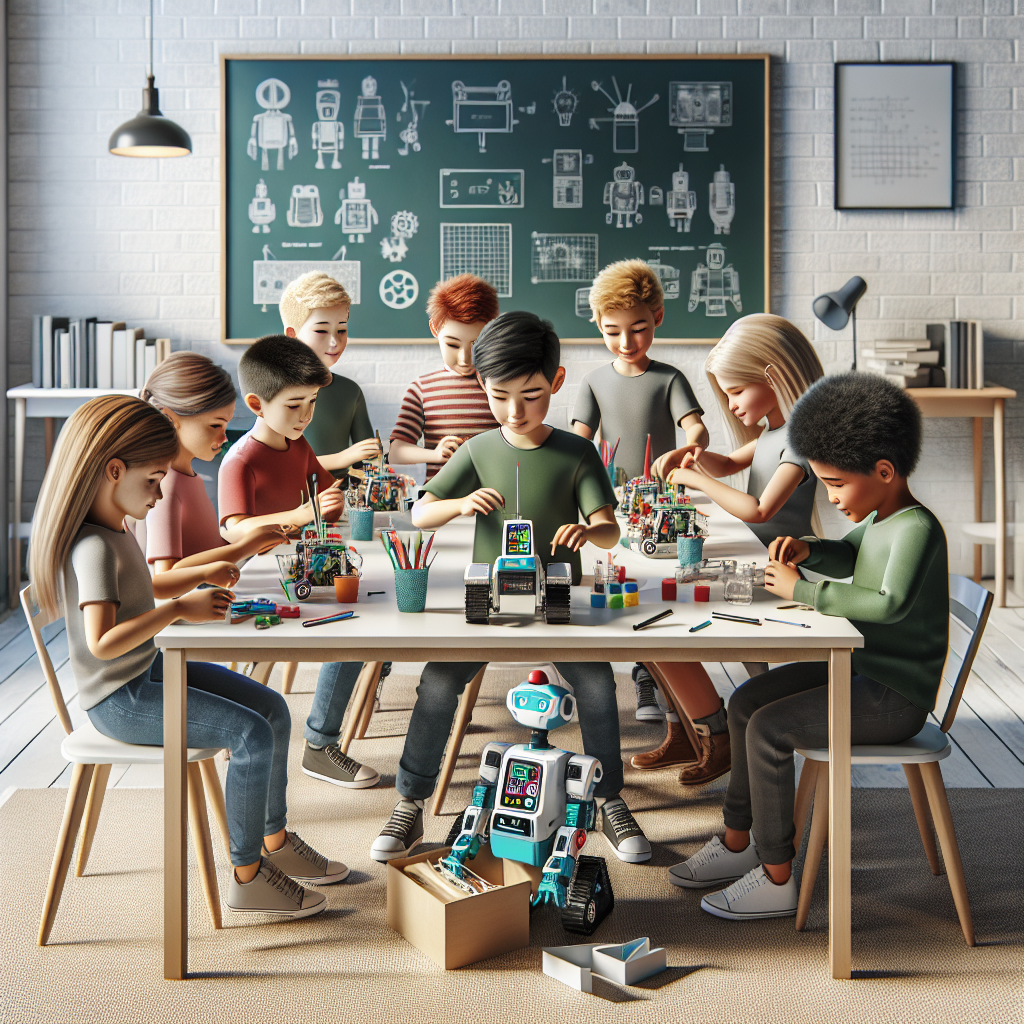 Children building STEM robot kit at table