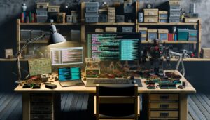 Comprehensive programming workflow for robots showing code development, testing, debugging, and deployment processes