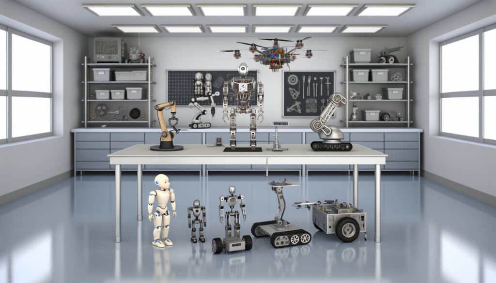 Comprehensive overview of different robot classifications including mobile robots, stationary robots, humanoid robots, and specialized robotic systems
