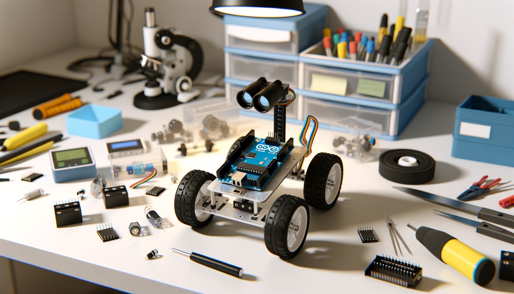 A comprehensive illustration showing different types of robots and their components, including industrial robots, service robots, and educational robots with labeled parts and functions
